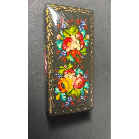 Russian Green Lacquer Hand Painted Flowers Vintage Signed Trinket Box - Picture 2 of 8
